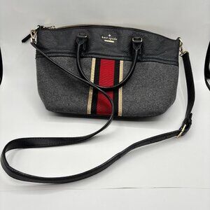 Kate Spade New York Satchel Tote Crossbody Bag Gray Black Leather Red Stripe